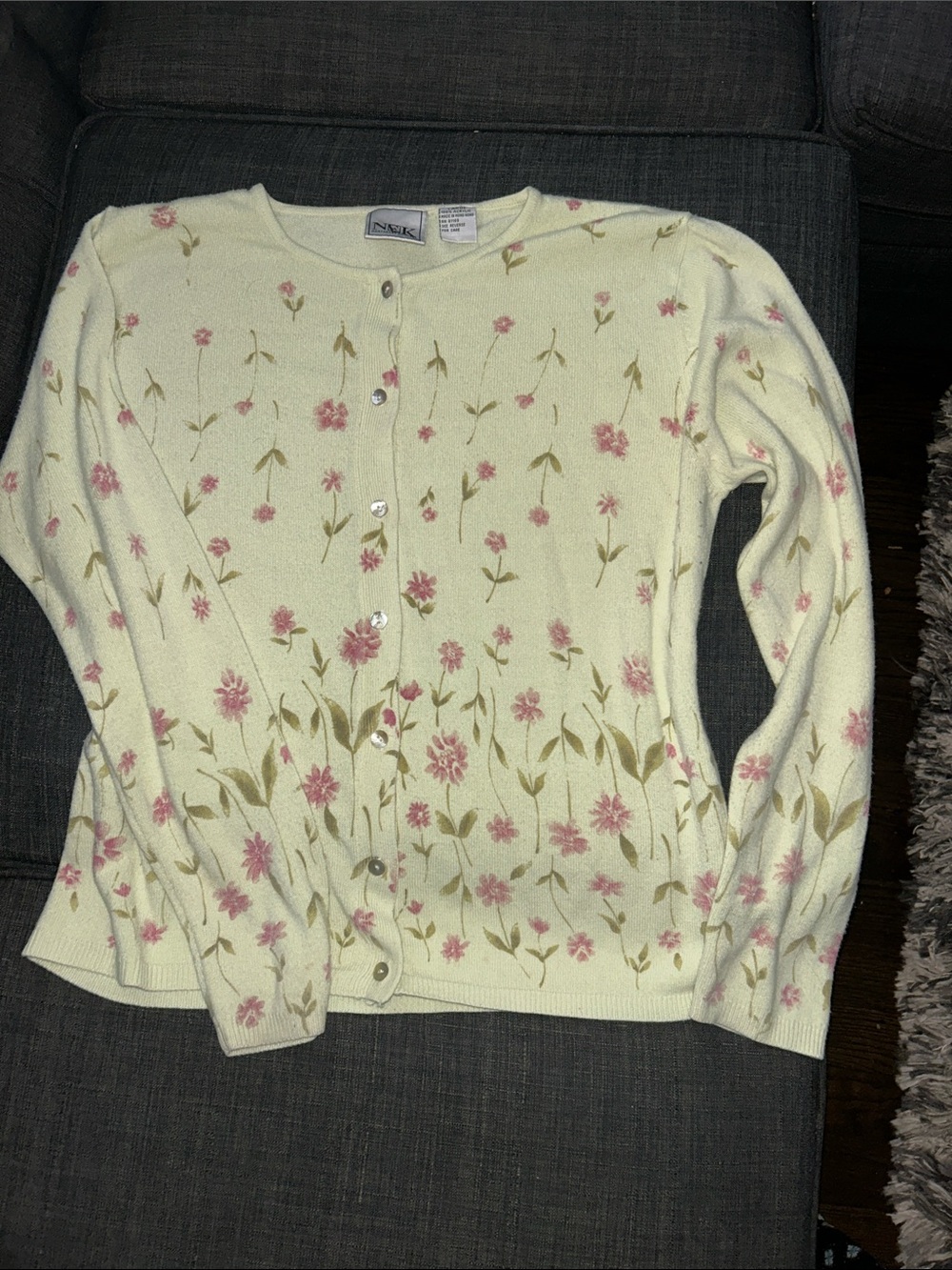 NEK Northeast Knitters Vintage Floral Button-Front Cardigan in Cream & Pink Size